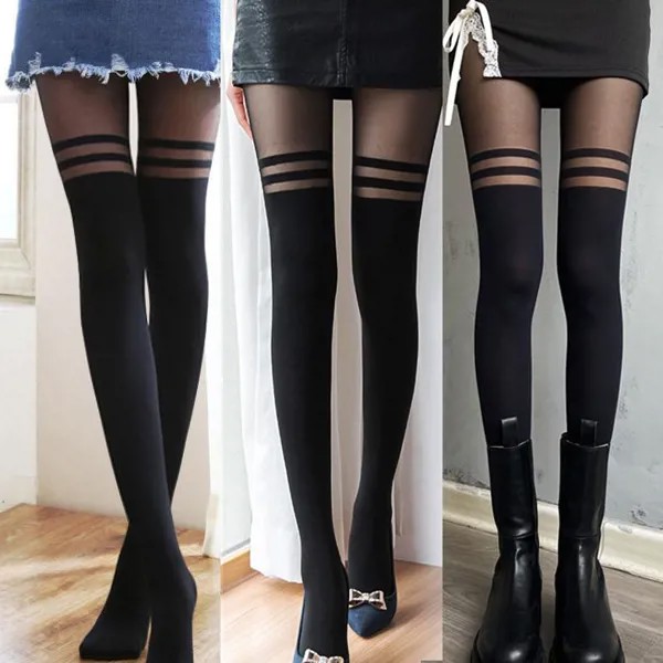 Сексуальные женщины Девушка Искушение Sheer Mock Suspender Колготки Чулки Полосатые Двойные Бруски Колготки