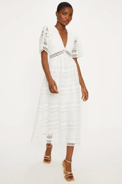 Платье макси Petite Premium Geo с кружевными рукавами и V-образным вырезом Oasis, белый
