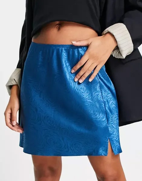Атласная жаккардовая мини-юбка с цветочным принтом Lola May (Синяя)