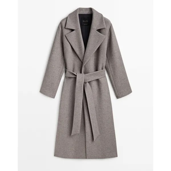 Пальто Massimo Dutti Flecked wool blend with belt, серо-коричневый