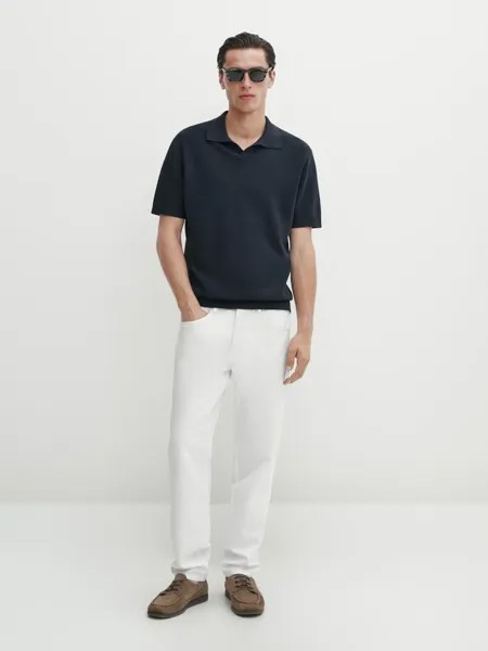 Вязаный свитер-поло с короткими рукавами Massimo Dutti, синий