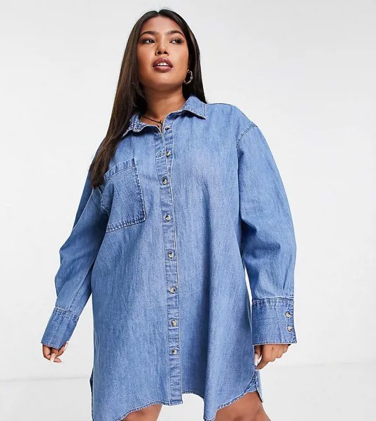 Джинсовое платье-рубашка в стиле oversized ASOS DESIGN Curve-Голубой