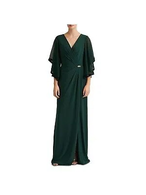 RALPH LAUREN Женское зеленое вечернее платье-брошь с драпированными рукавами, длинное платье 0