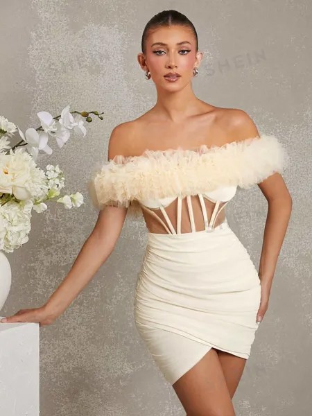Haute, Женское элегантное платье, рукава с открытыми плечами, Женское струящееся платье, сетчатая ткань Shein, абрикосовый