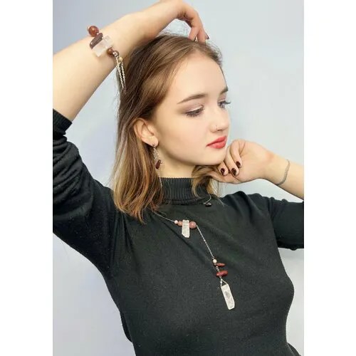 Колье MaRo, бычий глаз, яшма, горный хрусталь, длина 50 см., розовый, бежевый