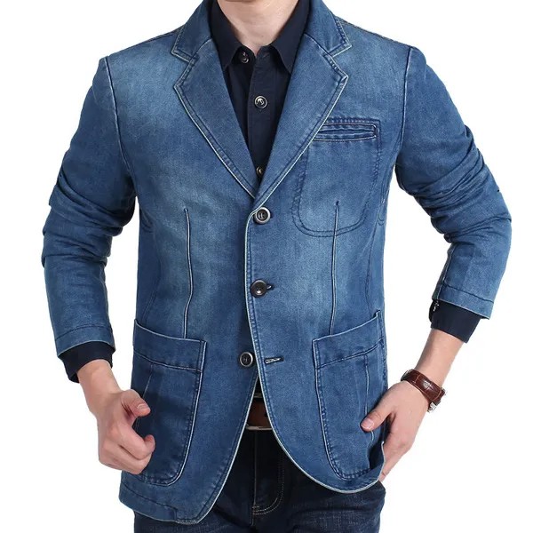 Джинсовый блейзер мужской, Модная хлопковая винтажная верхняя одежда, синее пальто из денима, облегающий джинсовый пиджак, 4XL, на осень