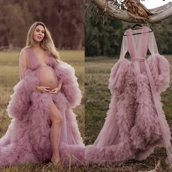 Розовые платья для беременных с оборками платье для беременных для фотосессии будуарное белье тюлевые халаты пушистый халат Ночное вечерн...