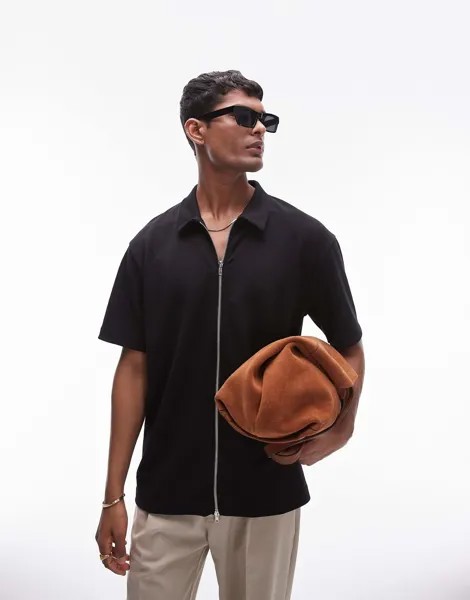 Рубашка-поло Topman Oversize Jersey Zip-Up, черный