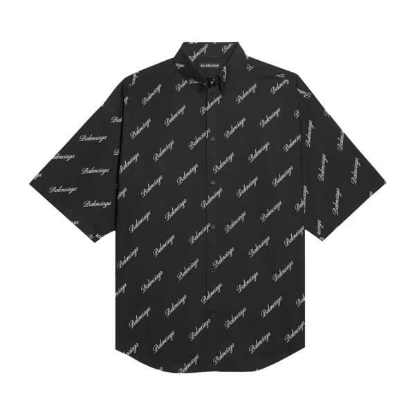Рубашка на пуговицах с логотипом Balenciaga Allover Script, цвет Черный