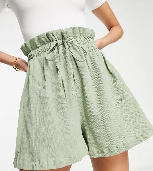 Шалфейно-зеленые шорты из жатой ткани с присборенной талией ASOS DESIGN Tall-Зеленый цвет