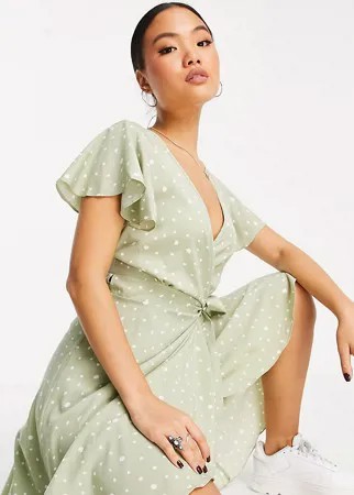 Платье миди с запахом спереди и принтом в горошек шалфейно-зеленого цвета Missguided Petite-Зеленый цвет