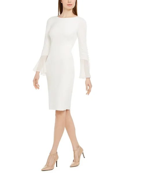 Шифоновое платье-футляр с рукавами-колокольчиками Calvin Klein, белый