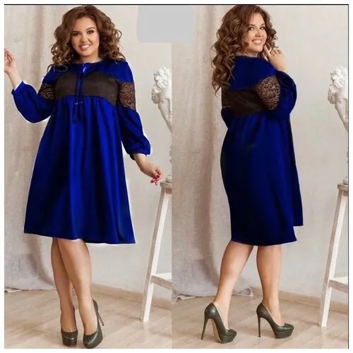 Платье-комбинация Noname, гипюр, свободный силуэт, миди, размер 54, синий