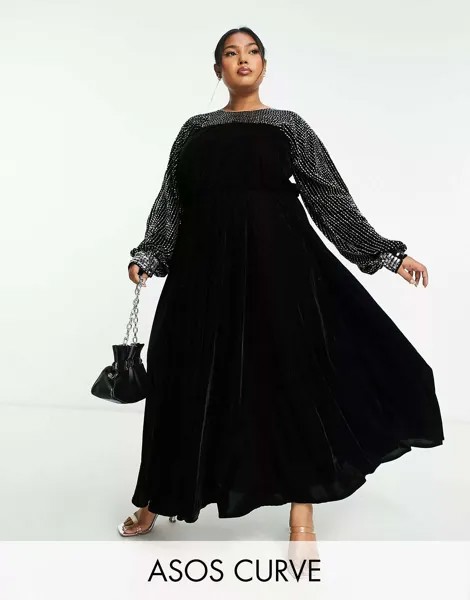 Черное бархатное платье миди с кокеткой и декоративными деталями ASOS DESIGN Curve