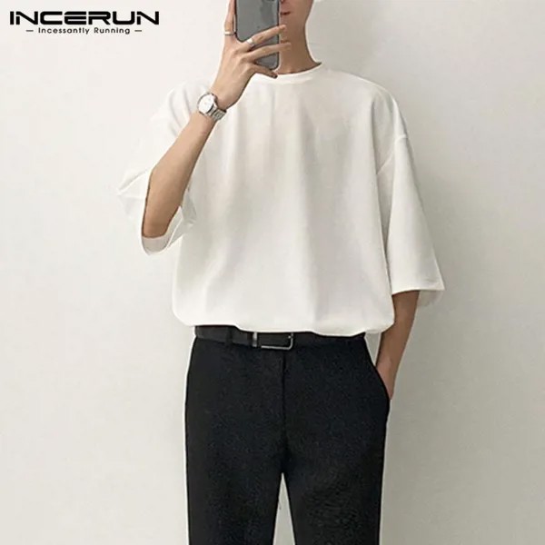 Японский и корейский стиль Мода Мужчины Рубашка с короткими рукавами Свободные топы Футболки Плюс Размер S-5XL INCERUN