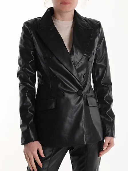 Двубортный пиджак из искусственной кожи, черный