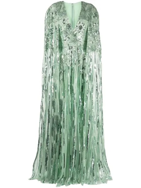 Elie Saab вечернее платье из тюля с цветочной аппликацией, зеленый