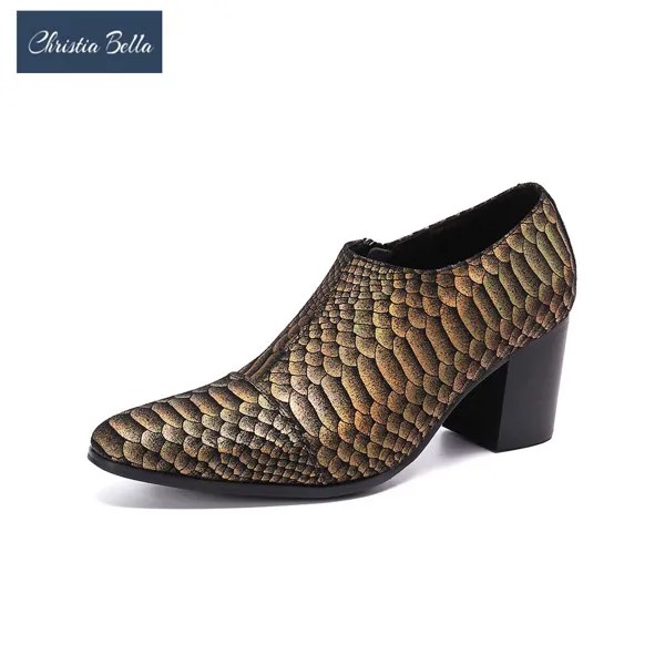 Дизайнерские Мужские модельные туфли Christia Bella, на высоком каблуке, с золотистым змеиным узором, Клубные вечерние мужские кожаные туфли, деловые короткие сапоги большого размера