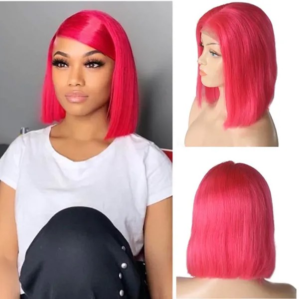 Цветной ярко-розовый парик, повязка на голову из человеческих волос, натуральный шиньон, бесклеевой, 13x4, кружевной передний U-образный парик, черные женские девственные перуанские боба