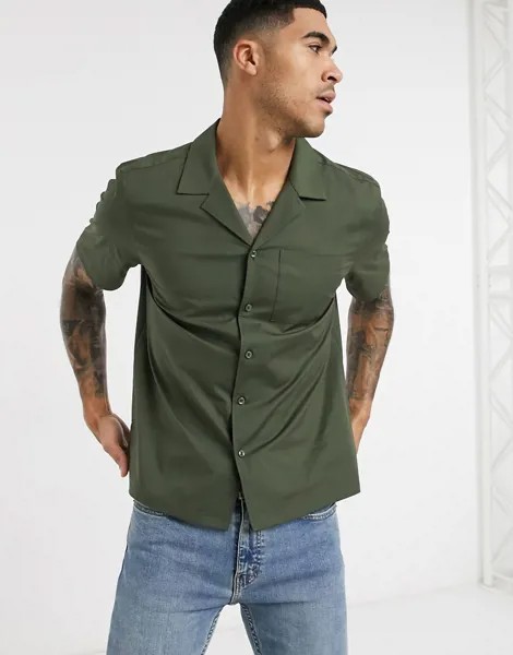 Поплиновая рубашка цвета хаки с отложным воротником и короткими рукавами New Look-Зеленый цвет