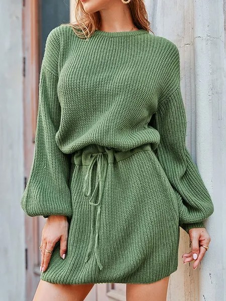 Milanoo Knitted Dress For Women Elegant Drawstring Polyester Long Sleeves Jewel Neck Lace Up Stretch