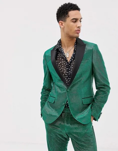 Зеленый блестящий приталенный пиджак-смокинг ASOS DESIGN