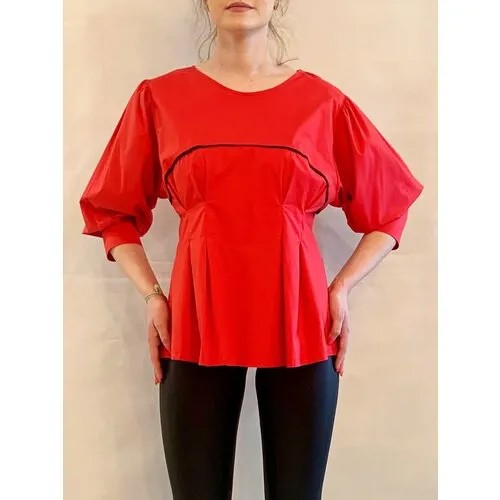 Блуза , повседневный стиль, прилегающий силуэт, укороченный рукав, без карманов, однотонная, размер 48-50, красный