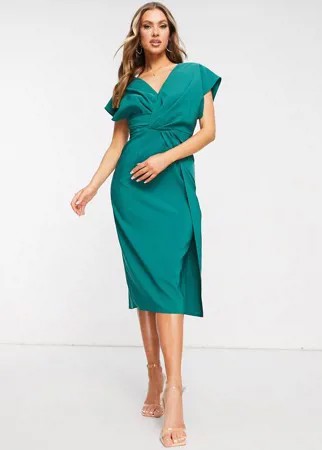 Платье-футляр миди хвойно-зеленого цвета с перекрученной отделкой и драпировкой спереди ASOS DESIGN-Зеленый цвет