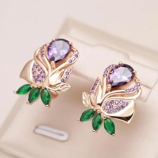Цветочный дизайн Фиолетовый Зеленый Циркон Серьги для женщин Мода Винтаж ювелирные изделия