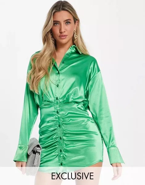 Зеленое атласное платье-рубашка с оборками AsYou