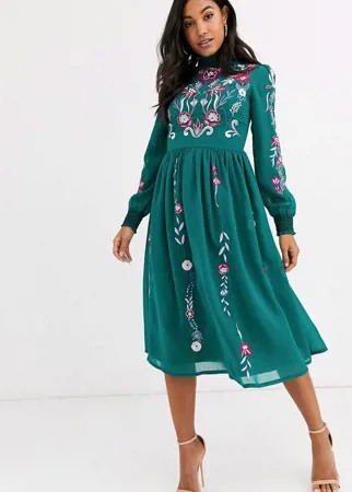 Платье миди с длинными рукавами и вышивкой Frock & Frill-Зеленый