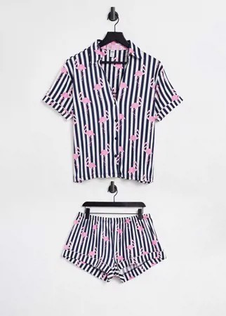 Черно-белый пижамный комплект в полоску из рубашки и шорт с принтом розовых фламинго Chelsea Peers-Многоцветный