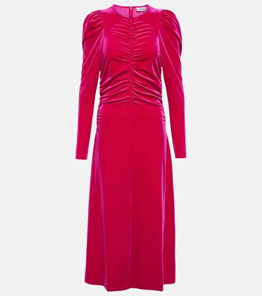 Бархатное платье макси со сборками Ganni, розовый