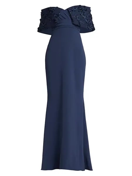 Текстурированное платье с открытыми плечами Badgley Mischka, темно-синий