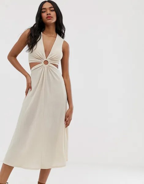 Фактурный сарафан миди с кольцом ASOS DESIGN-Бежевый