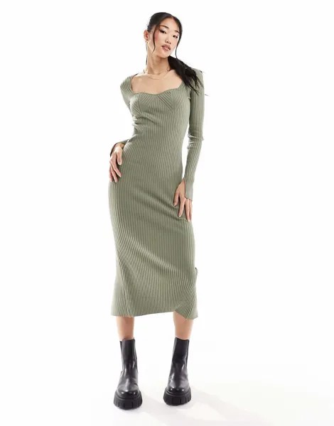 Платье Bershka Sweetheart Neckline Knitted Maxi, серо-зеленый