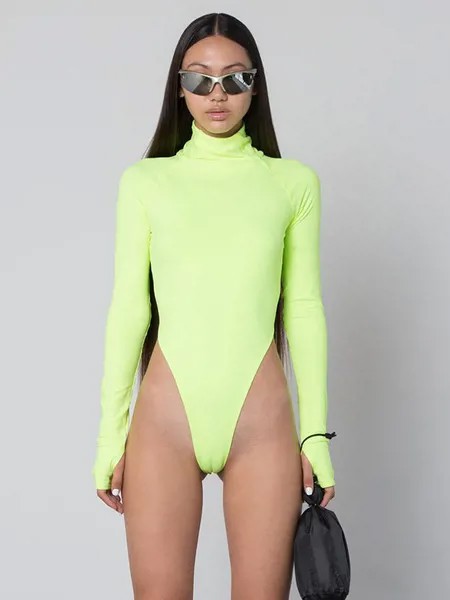 Milanoo Bodysuit Long Sleeves Yellow Green Piping Stretch High Collar Sexy Polyester Top For Women