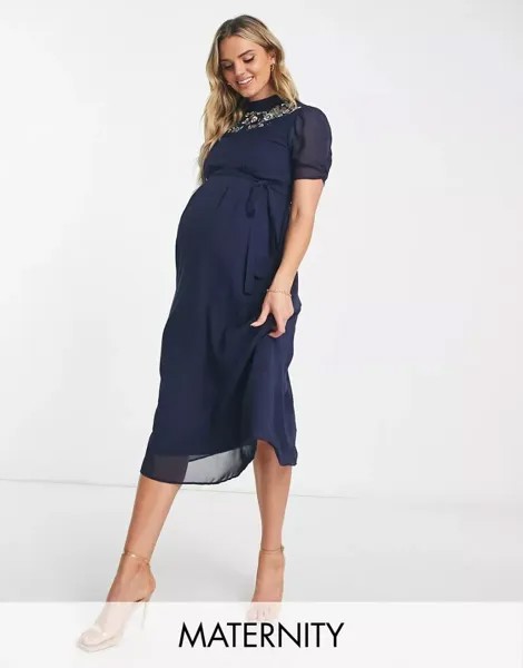 Темно-синее платье миди с открытой спиной и вышивкой Hope & Ivy Maternity
