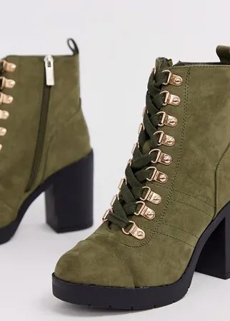 Ботинки цвета хаки для широкой стопы на шнуровке и каблуке River Island-Зеленый