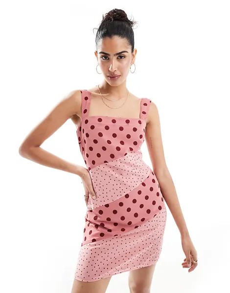 ASOS DESIGN – Плиссированное розовое шифоновое платье в горошек с квадратным вырезом