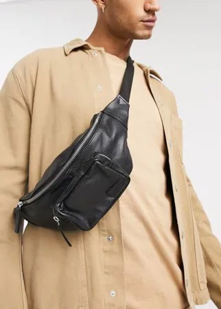 Черная кожаная сумка-кошелек на пояс ASOS DESIGN-Черный