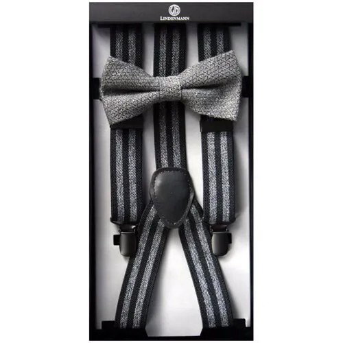 Подтяжки мужские в серую полоску и галстук- бабочка Lindenmann, чёрные, комплект, арт. 980762