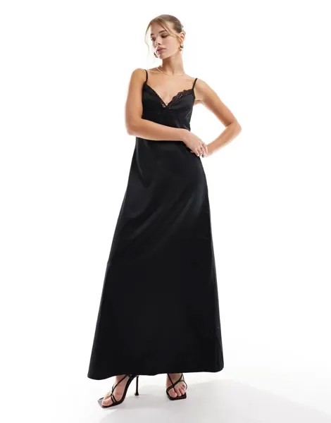 Черное атласное платье макси Pimkie с кружевной отделкой