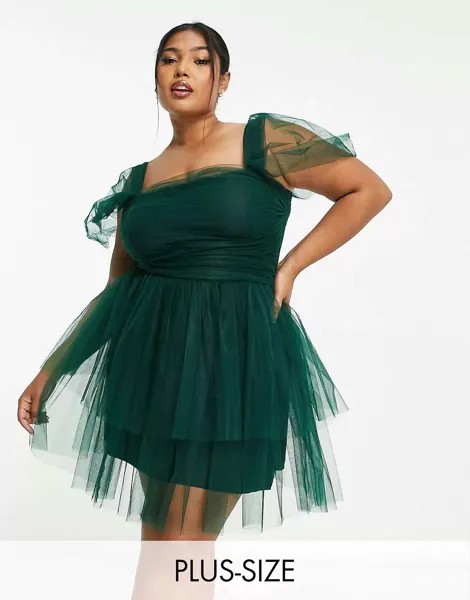 Изумрудно-зеленое ярусное структурированное мини-платье с открытыми плечами и кружевом Plus Lace & Beads