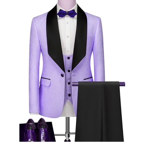 Мужские костюмы на заказ, сиреневый узор и Черные смокинги для жениха, шаль с лацканами, жениха, свадьба, шафера (пиджак + брюки + жилет + галстук) D22
