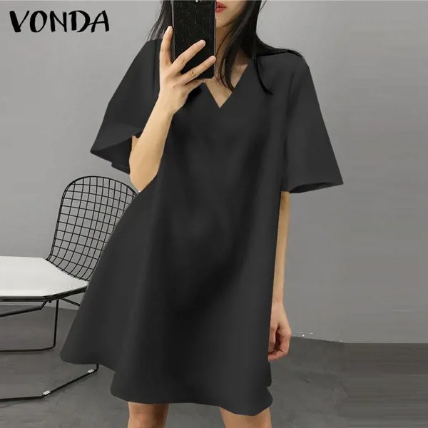 VONDA Plus Size Женская мода Повседневный Короткий рукав V Шея Праздничное мини-платье Лето A Line Простые короткие платья