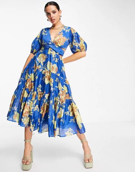 Синее платье миди с пышными рукавами на манжетах, кружевной отделкой, открытой спиной и цветочным принтом ASOS DESIGN-Разноцветный