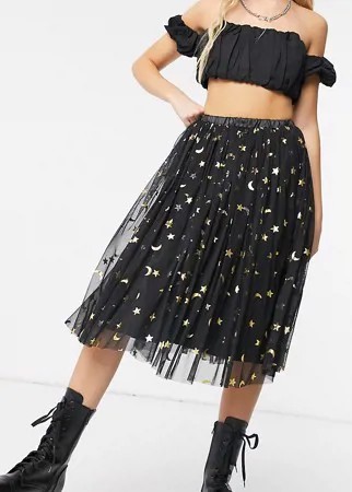Черная юбка миди из тюля с блестящим лунным принтом Lace & Beads exclusive-Мульти