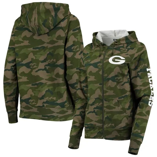 Женская толстовка с капюшоном New Era Camo Green Bay Packers с молнией во всю длину реглан New Era