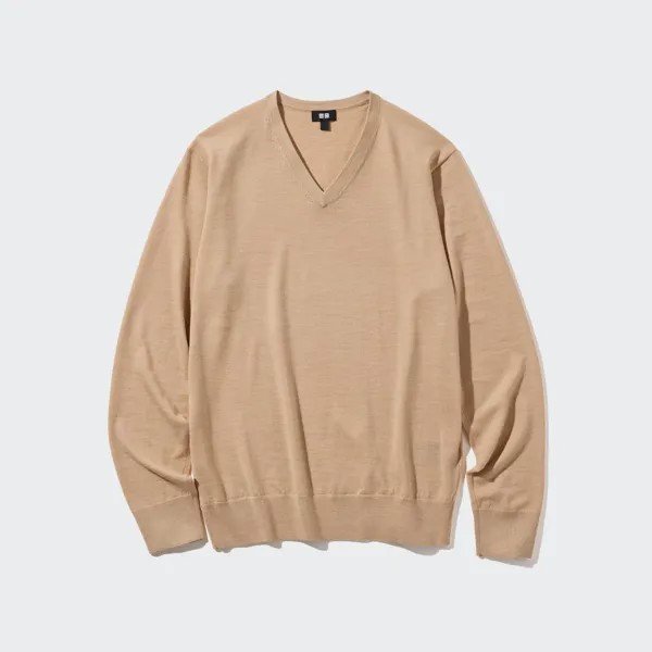 Джемпер Uniqlo мужской из шерсти мериноса с v-образным вырезом, бежевый